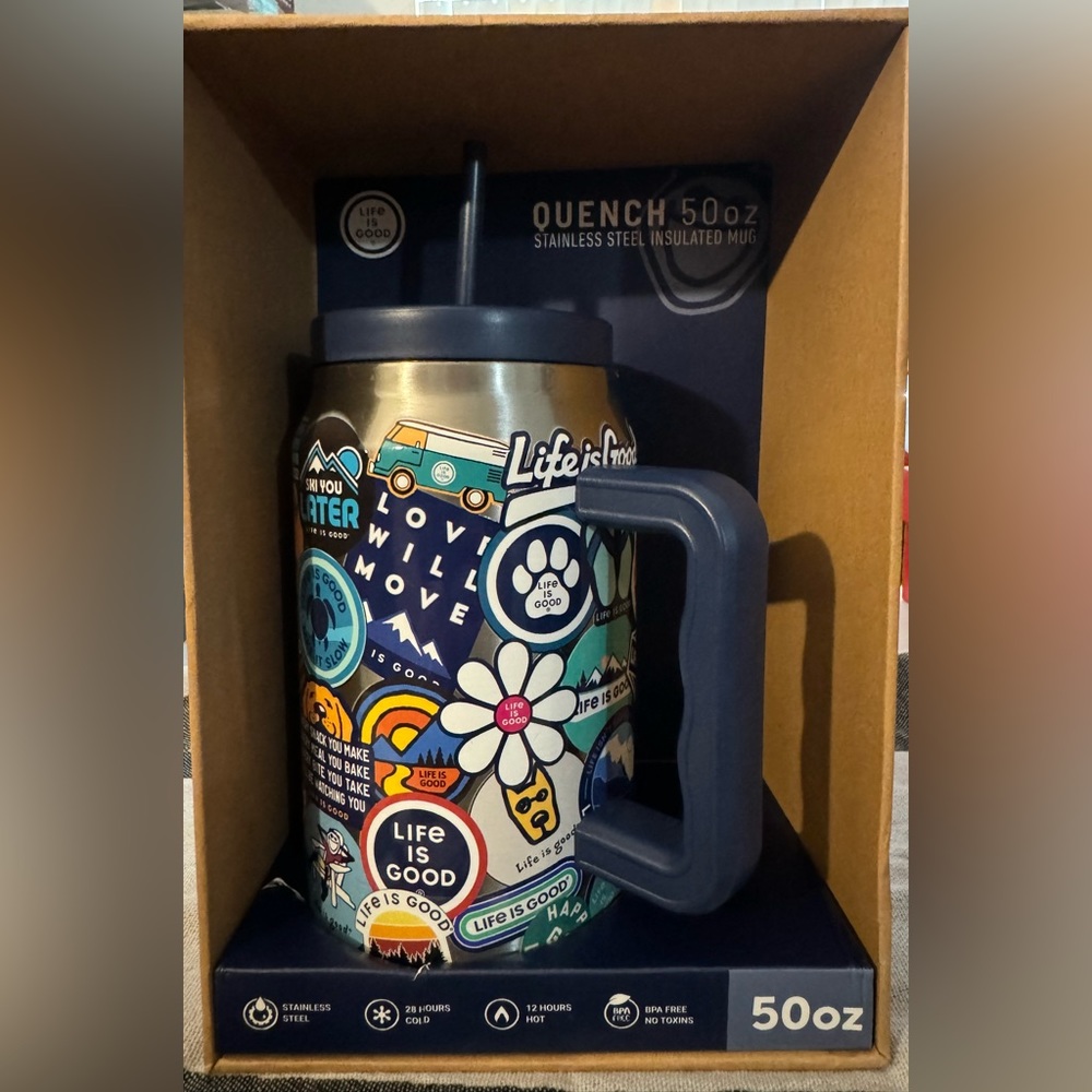 Life is Good Stickers Collage Stainless Steel 50oz Water Bottle/Jug-BPA Free NWT